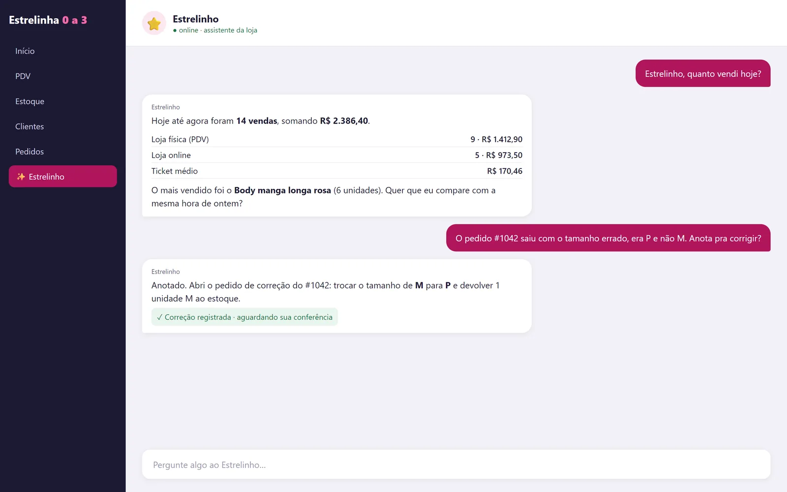 Tela da Estrelinha com o dono conversando com o Estrelinho, o assistente dentro do sistema